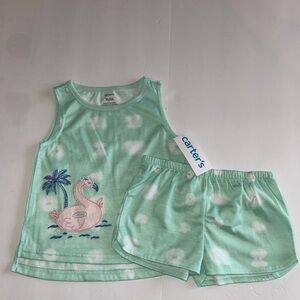Carter's Girls 3T Mint Green Flamingo Tank and Shorts Pajama Set NWTS PJS